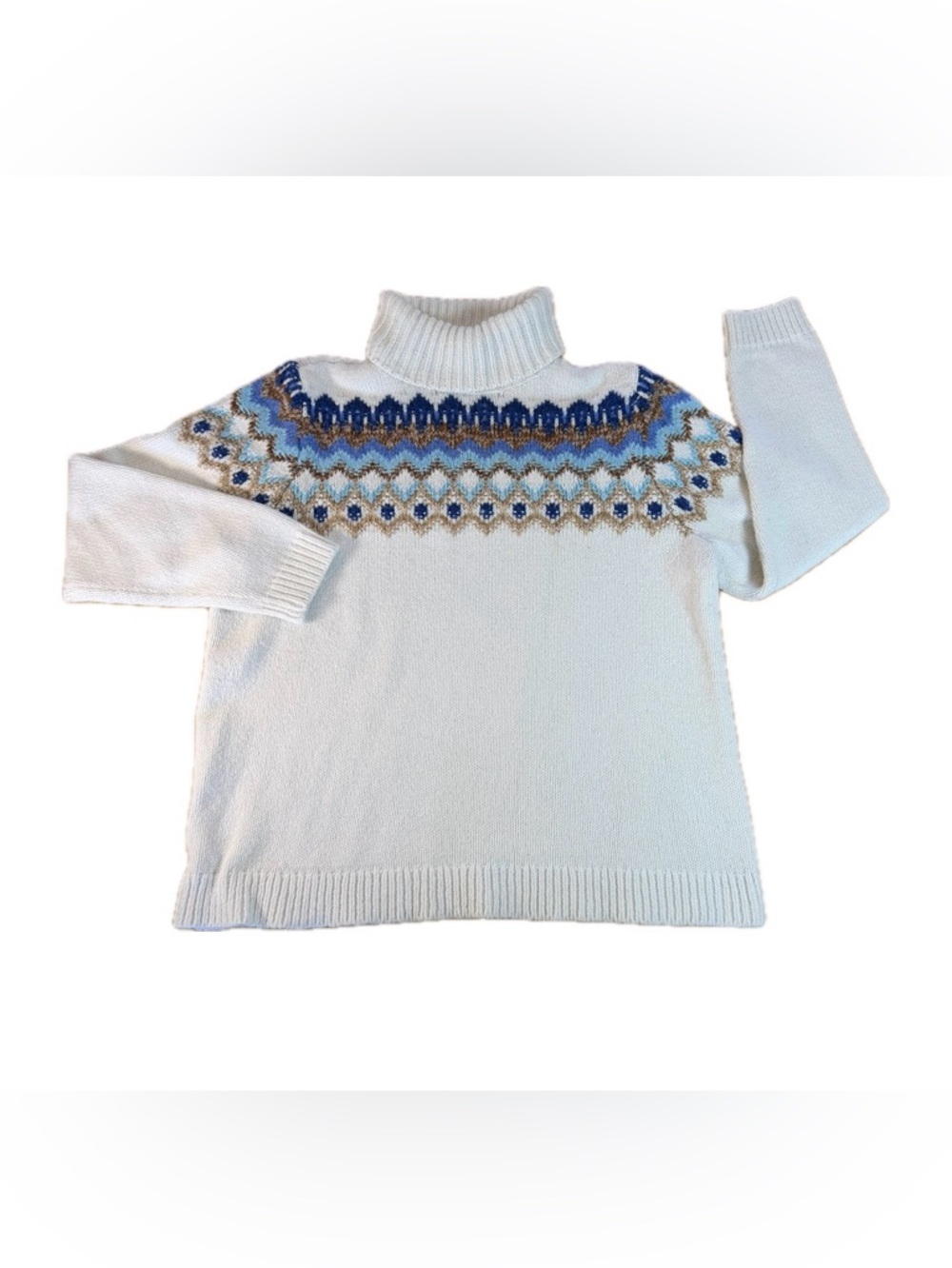 Lands' End Ski Fair Isle Turtleneck Cabin Sweater White & Blue Large Petite